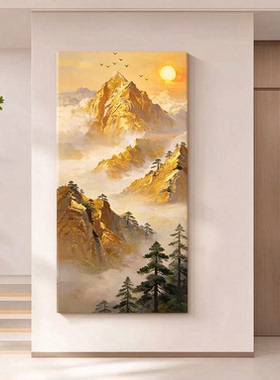 新中式手绘日照金山油画客厅玄关