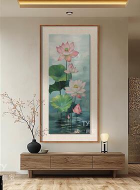 夏日荷花手绘油画新中式入户进门玄关装饰画好运连连茶室客厅挂画