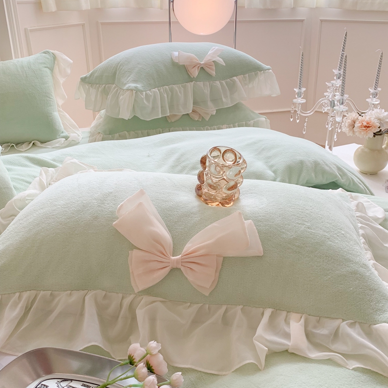 法式公主风牛奶绒四件套浪漫花边被套床单冬季加厚珊瑚法兰绒保暖