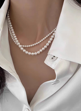 仿珍珠贝母项链正圆无暇女旗袍毛衣项链锁骨链叠戴送妈妈礼物饰品