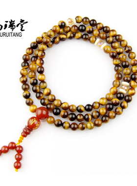 黄虎眼石手链108颗一粒红玛瑙男女款多圈手串