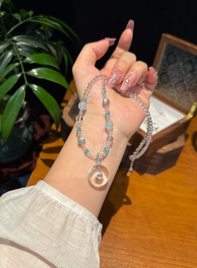 天然海蓝宝搭配白水晶平安扣镶嵌托帕石灰月光蓝磷灰项链女款锁骨