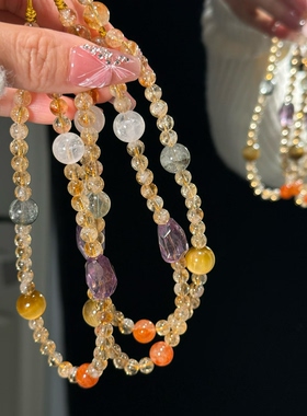 天然黄塔晶紫水晶发晶金运女生绿幽灵个性小众水晶串珠百搭手链女