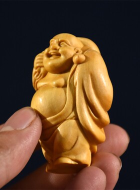 崖柏黄杨木雕刻布袋弥勒佛手把件男士文玩开心招财佛像盘玩工艺品