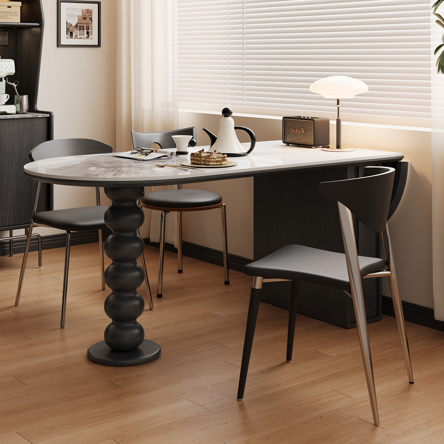 宫殿威仪岩板折叠桌小户型黑色复古实木餐桌家用椭圆形中古风饭桌,淘宝优惠券,粉丝福利购,淘宝优惠卷