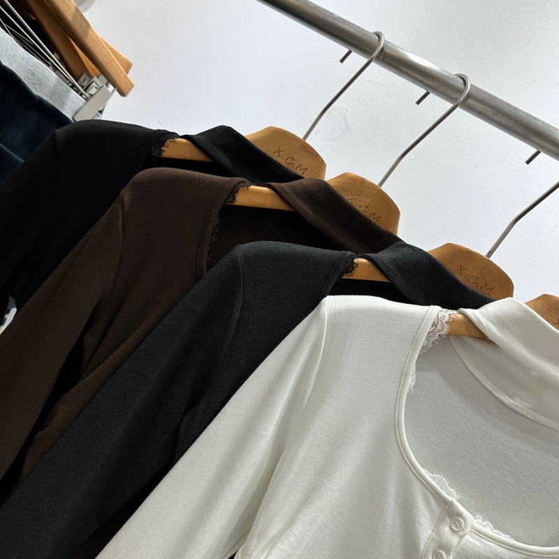 DU71781正版冬季新款韩版蕾丝边挂脖设计感加绒小众辣妹T恤衫女装 - 图1