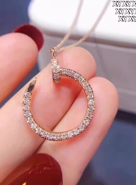 轻奢18K玫瑰金钉子吊坠锁骨链玫瑰金白金满钻经典钉子项链送女友