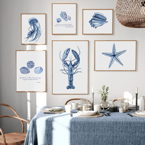 Watercolor Blue Coastal Sea Creatures Posters Octopus Conch - 图0