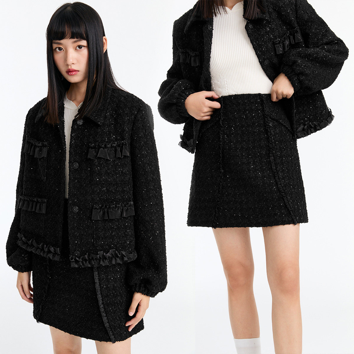 太平鸟黑色粗花呢2021冬季短外套 太平鸟喜之乐短外套