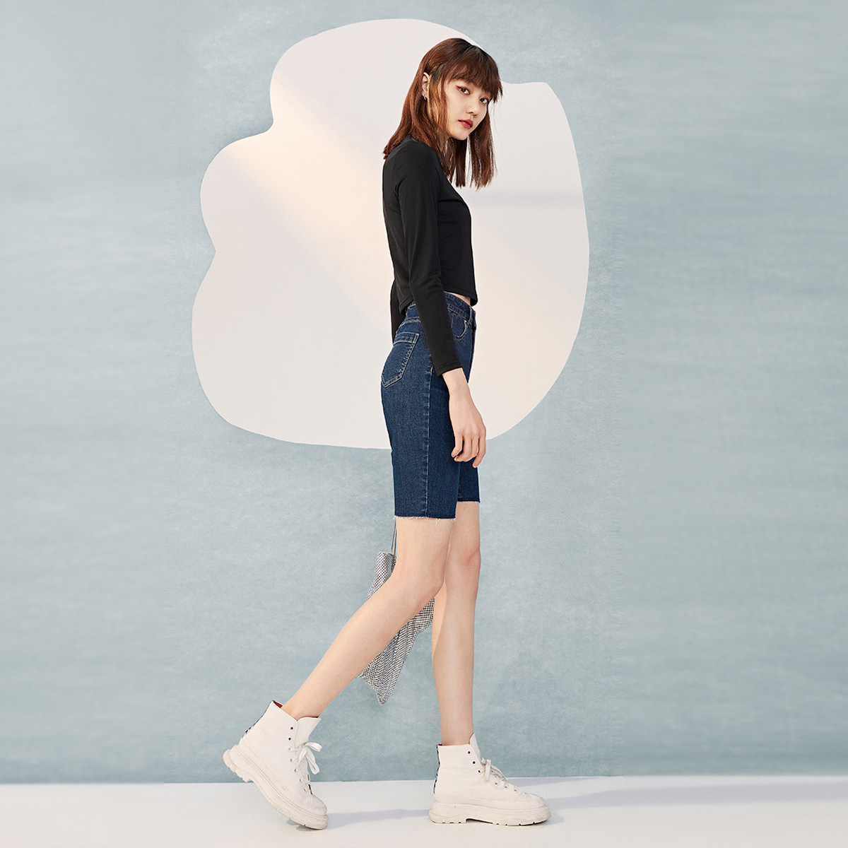 太平鸟高腰牛仔五分裤夏季骑行裤 太平鸟普埃拉牛仔裤