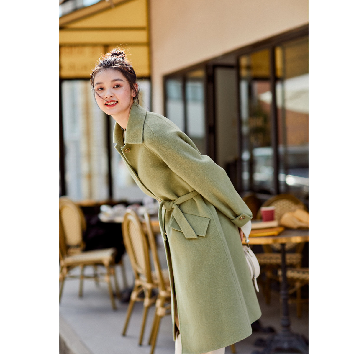 【反季清仓】太平鸟灰绿色翻领呢大衣 太平鸟喜之乐毛呢外套