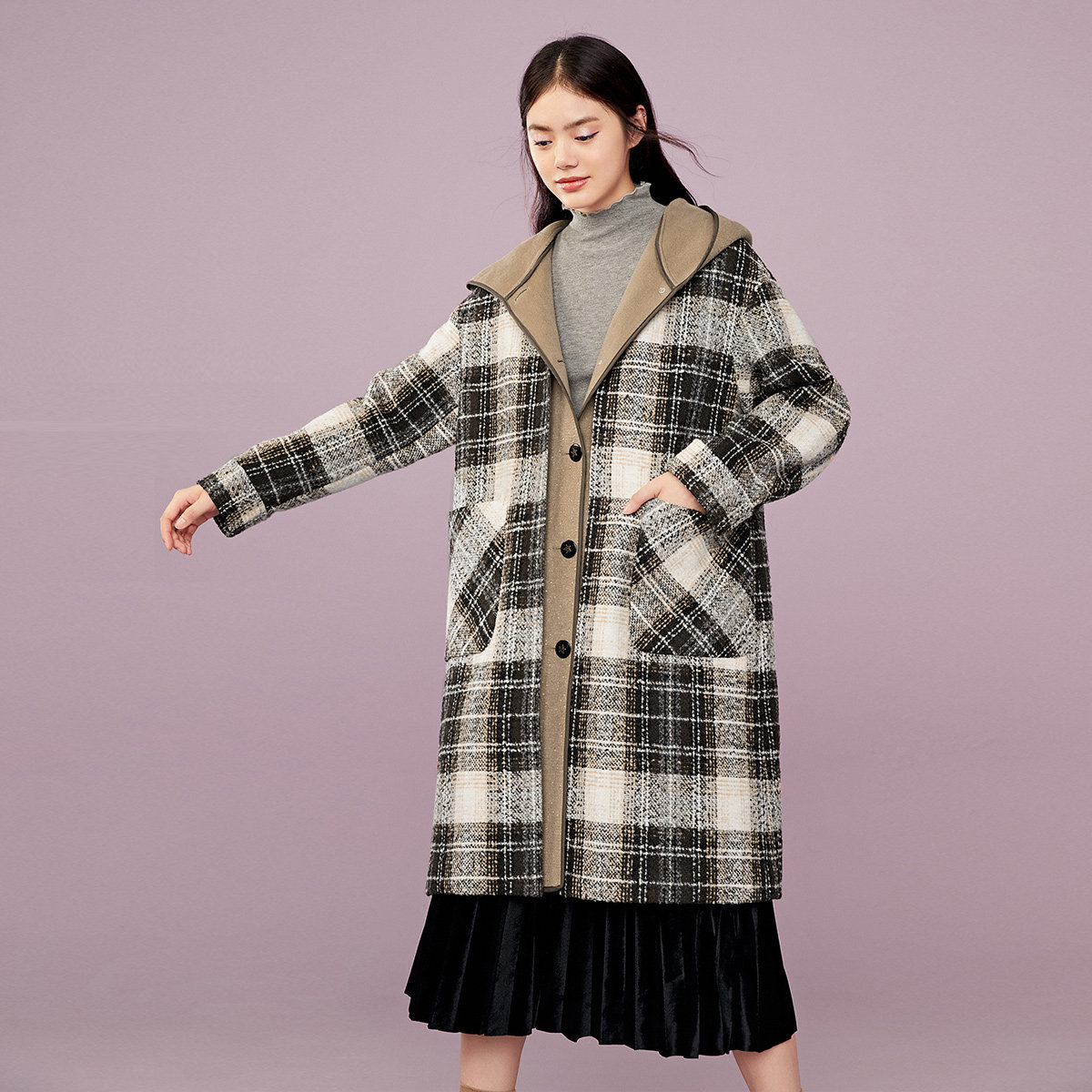 太平鸟中长款假两件格纹拼接大衣 太平鸟广仁毛呢外套