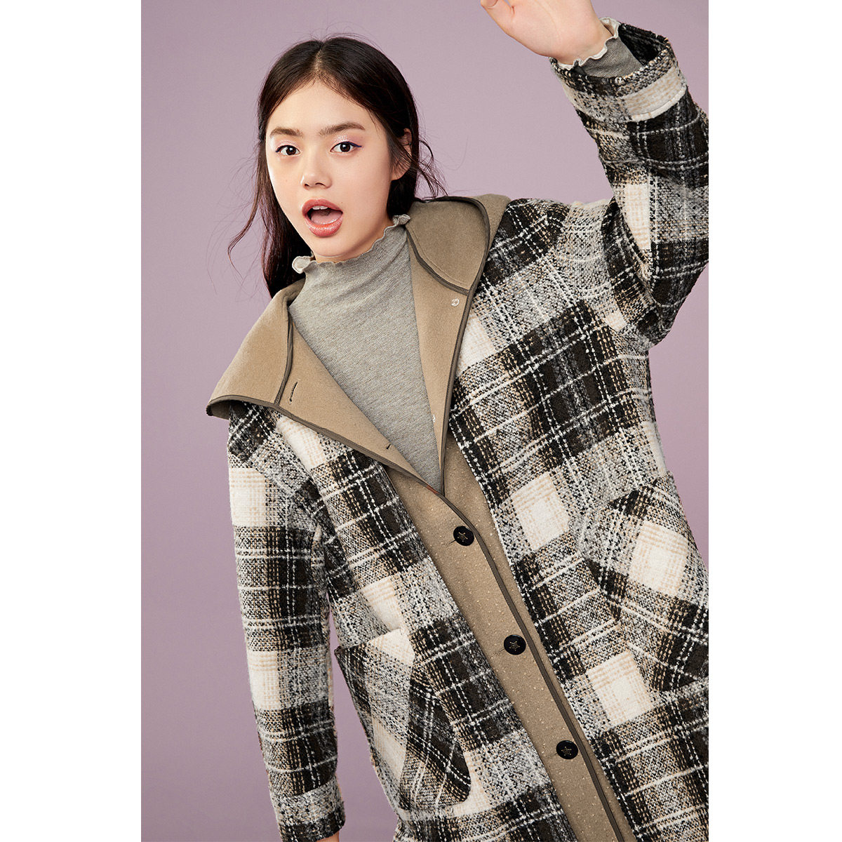 太平鸟中长款假两件格纹拼接大衣 太平鸟广仁毛呢外套