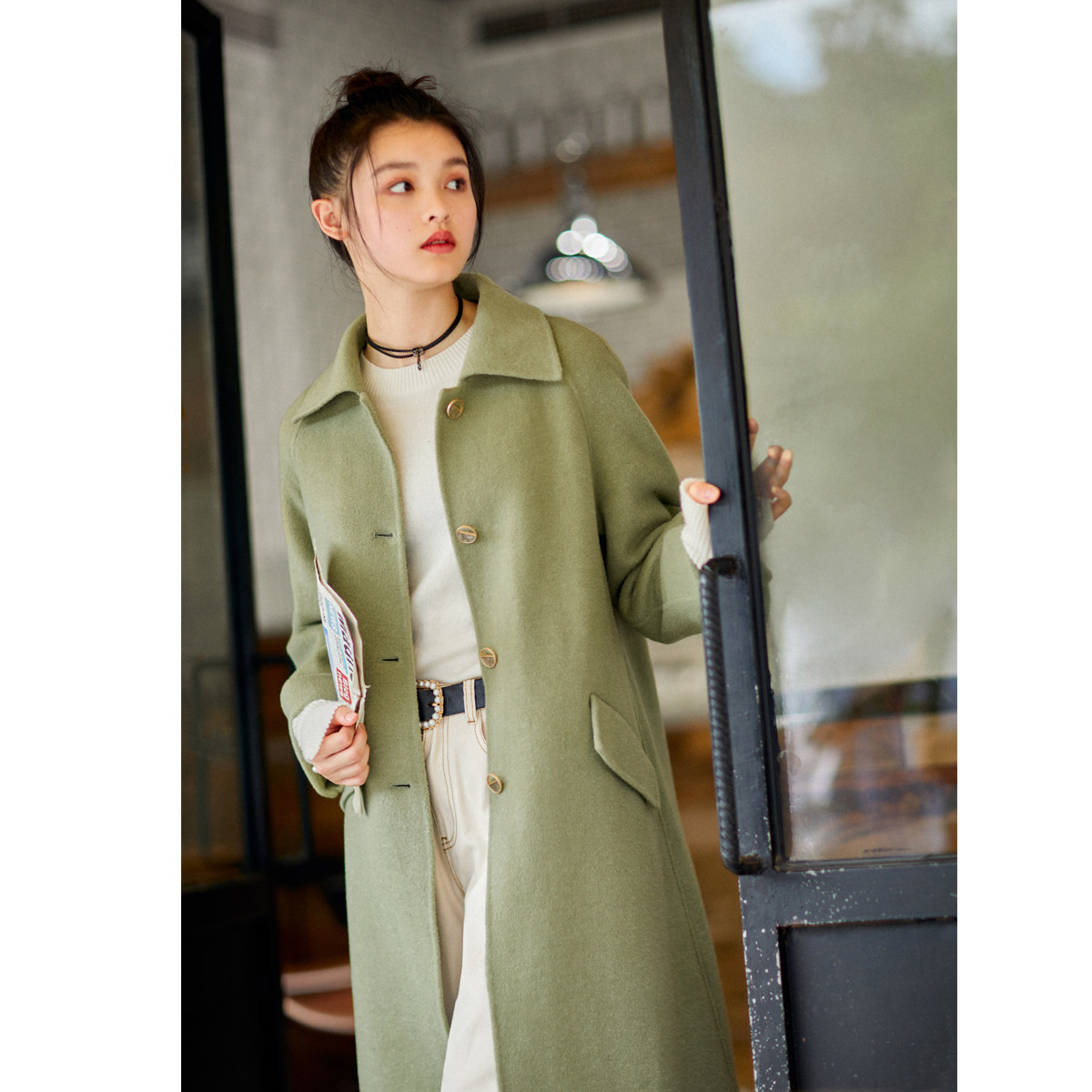 【反季清仓】太平鸟灰绿色翻领呢大衣 太平鸟喜之乐毛呢外套