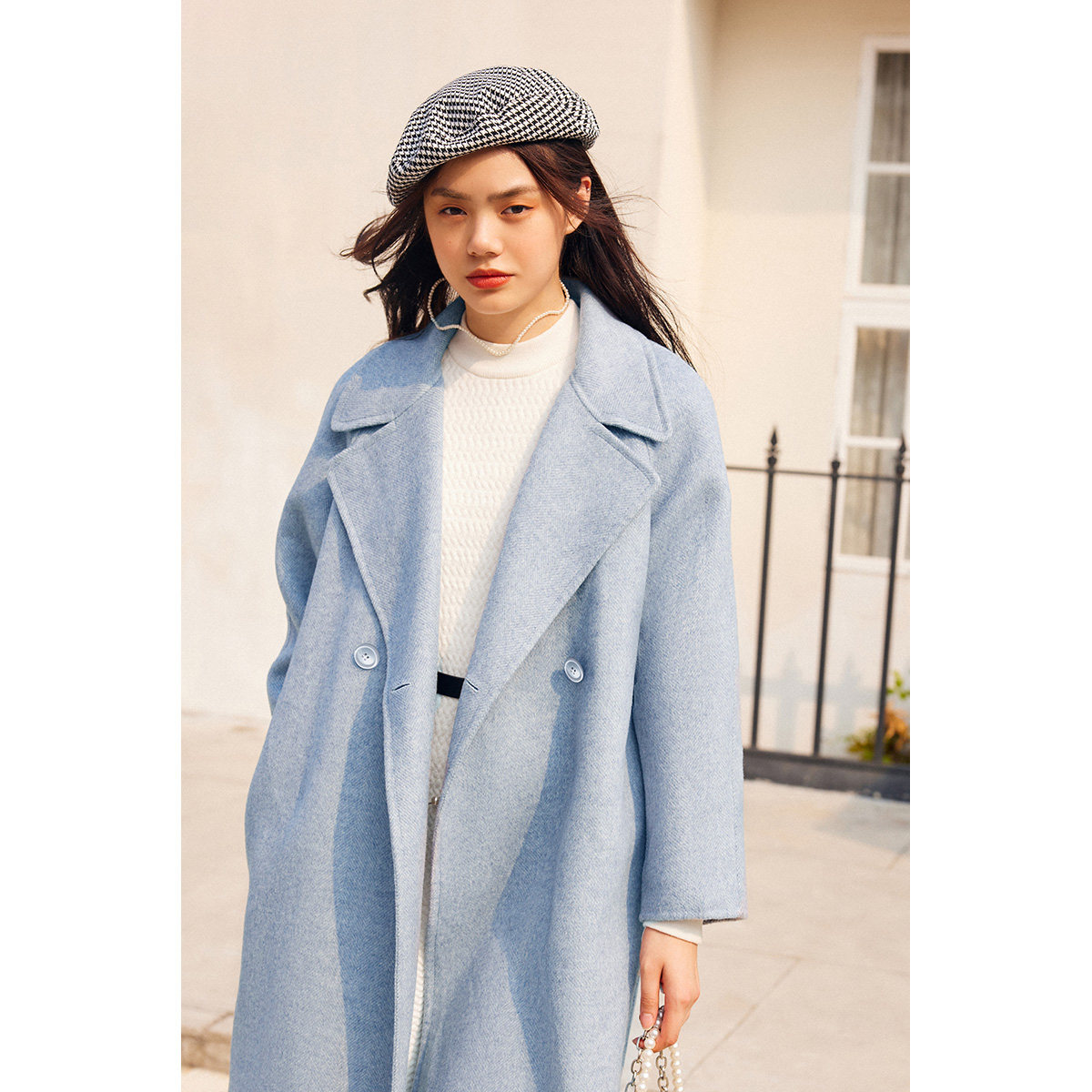 太平鸟雾霾蓝中长款双面2020呢大衣 太平鸟喜之乐毛呢外套