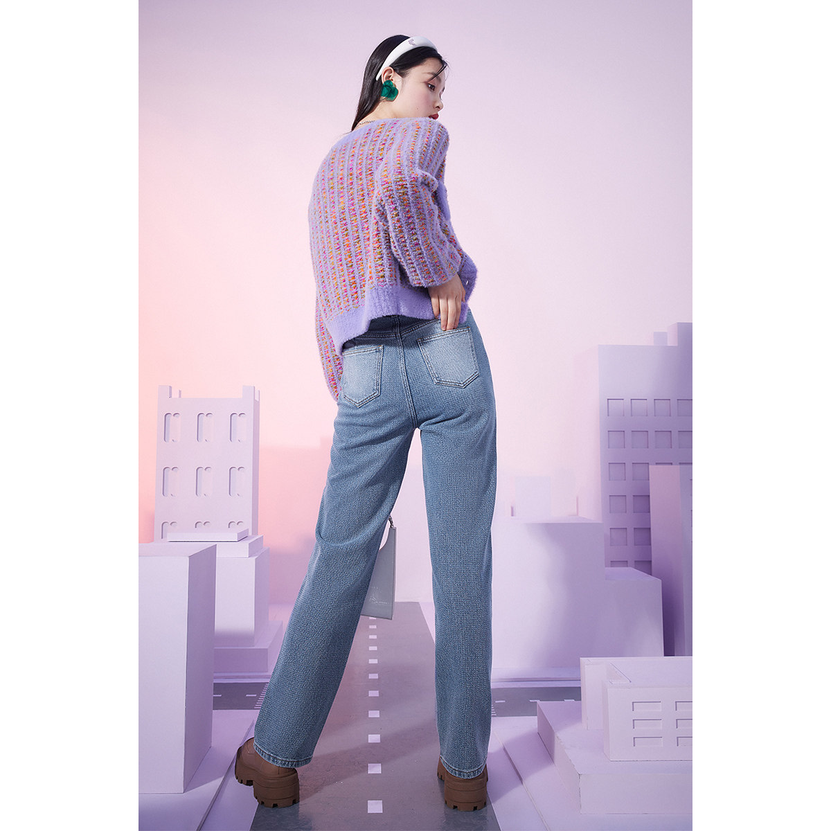 太平鸟紫色外套女2021秋新款毛衣 太平鸟喜之乐毛针织衫