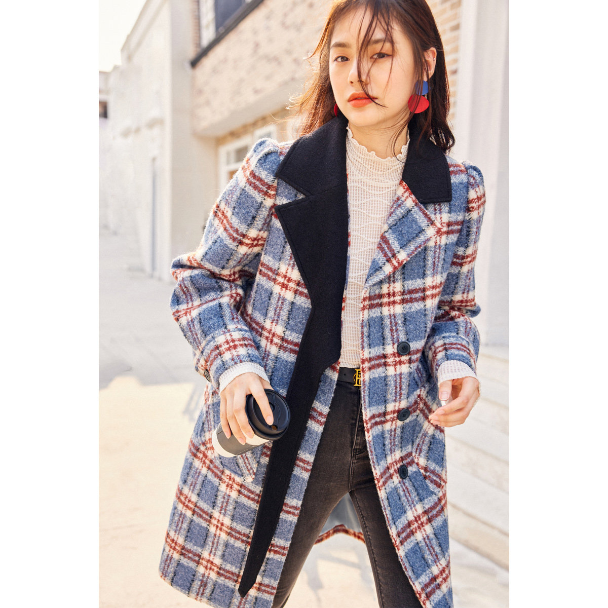 太平鸟中长款格纹2020冬季新款大衣 太平鸟喜之乐毛呢外套