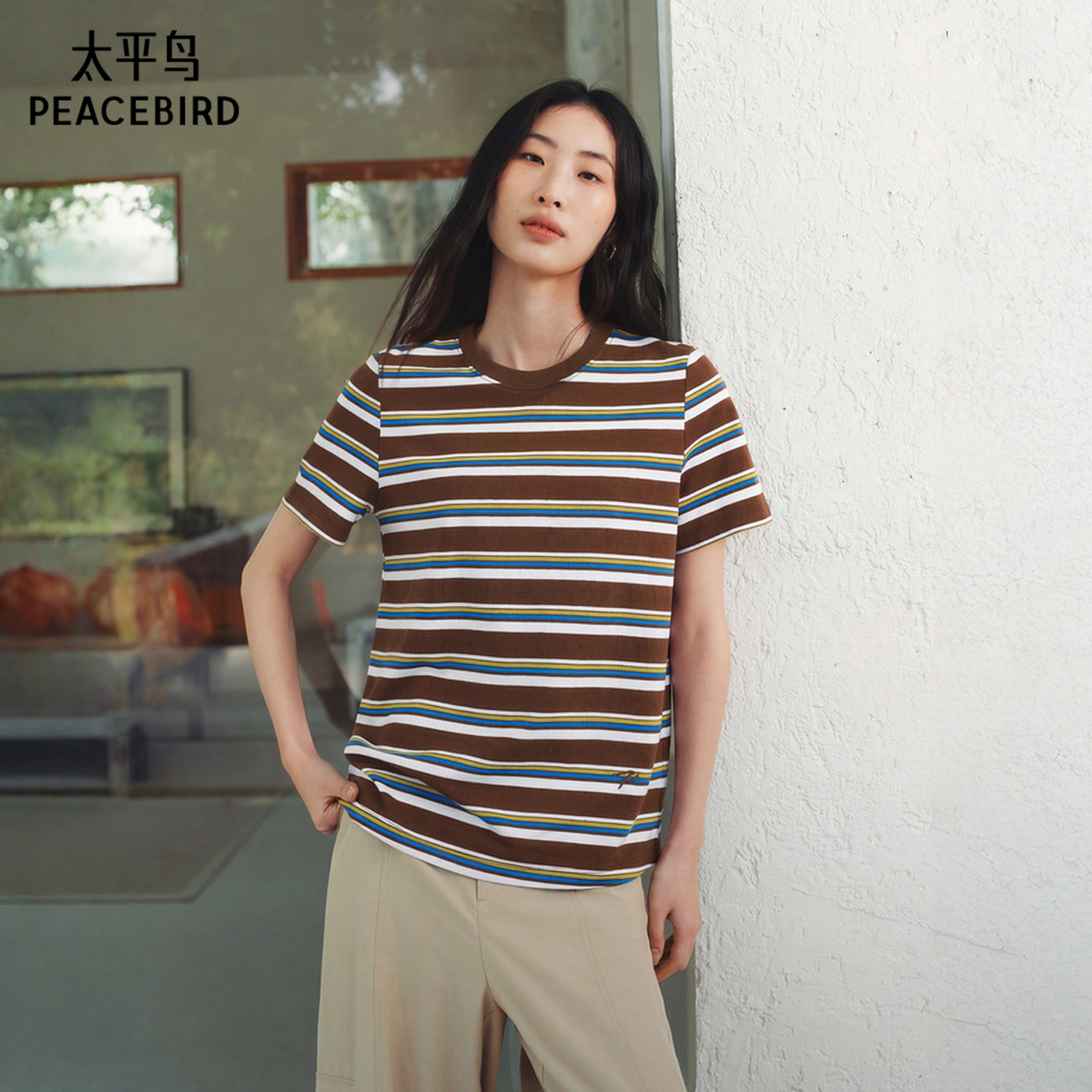 太平鸟复古撞色条纹短袖T恤