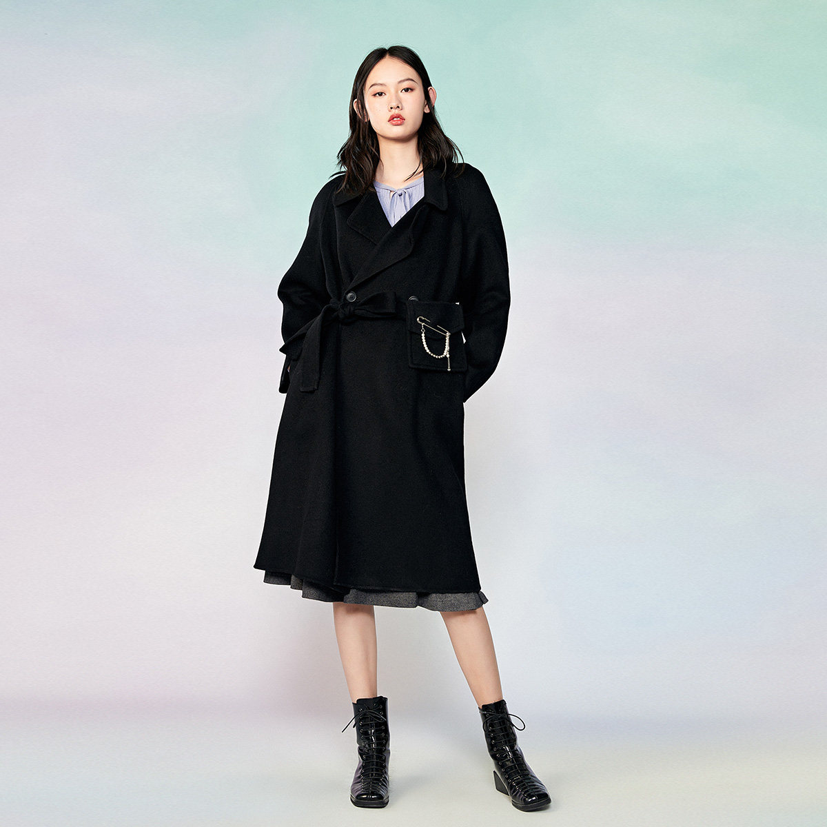 太平鸟雾霾蓝中长款双面2020呢大衣 太平鸟喜之乐毛呢外套