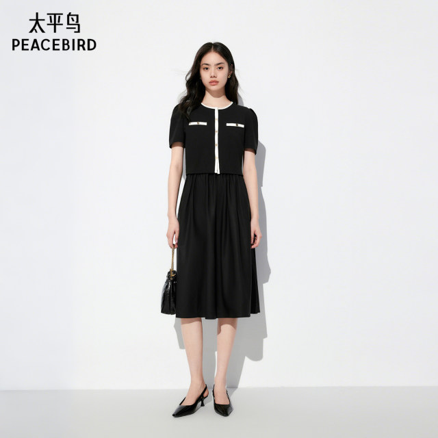 Peacebird ballet style two-piece black knitted short-sleeved dress for women 2025 summer style A1FAE2534