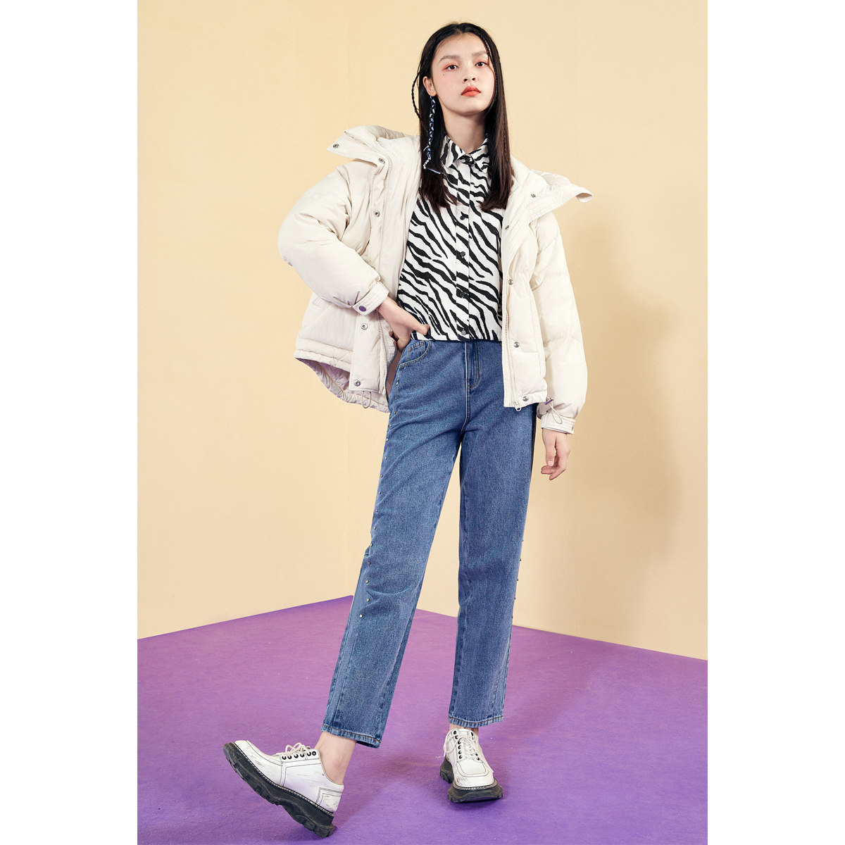 太平鸟斑马纹两件套背带连衣裙衬衫 太平鸟连衣裙