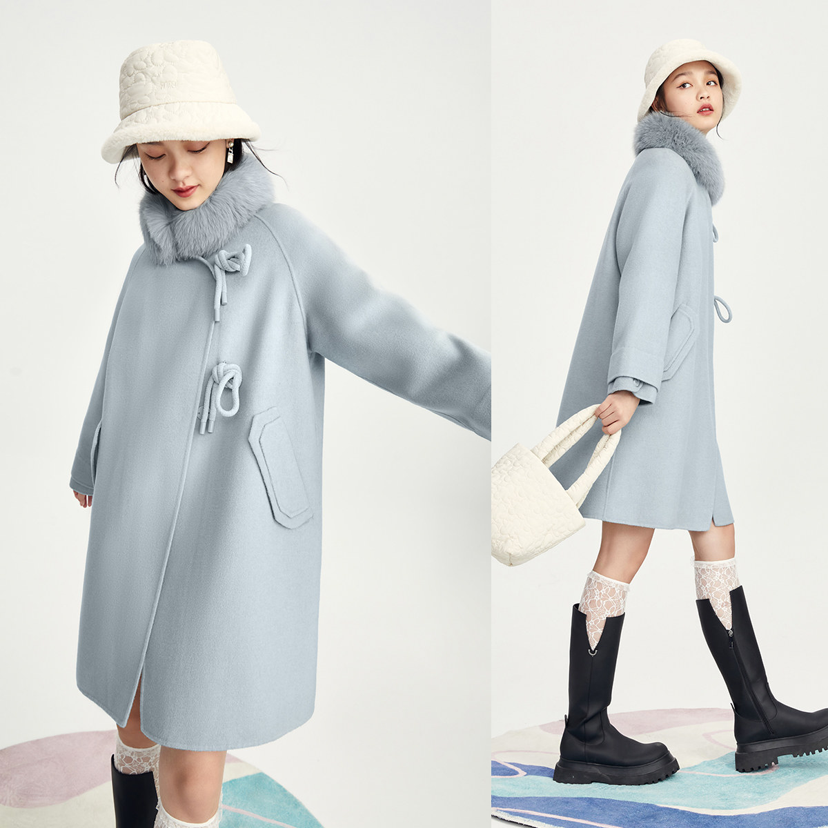 太平鸟大毛领毛呢外套2022羊毛大衣 太平鸟广仁毛呢外套