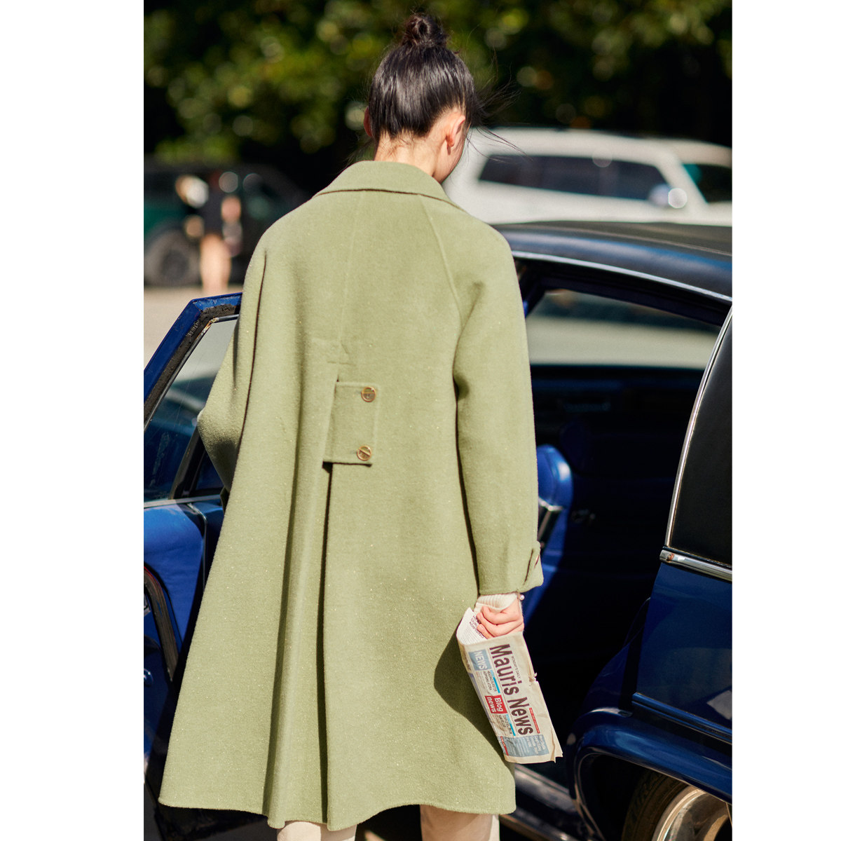 【反季清仓】太平鸟灰绿色翻领呢大衣 太平鸟喜之乐毛呢外套