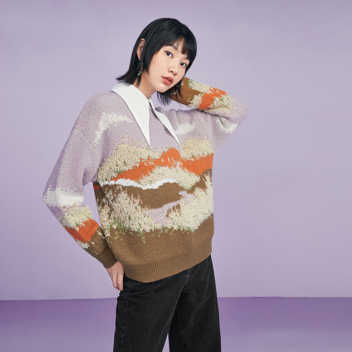 太平鸟油画风圆领2020冬季新款毛衣 太平鸟广仁毛针织衫