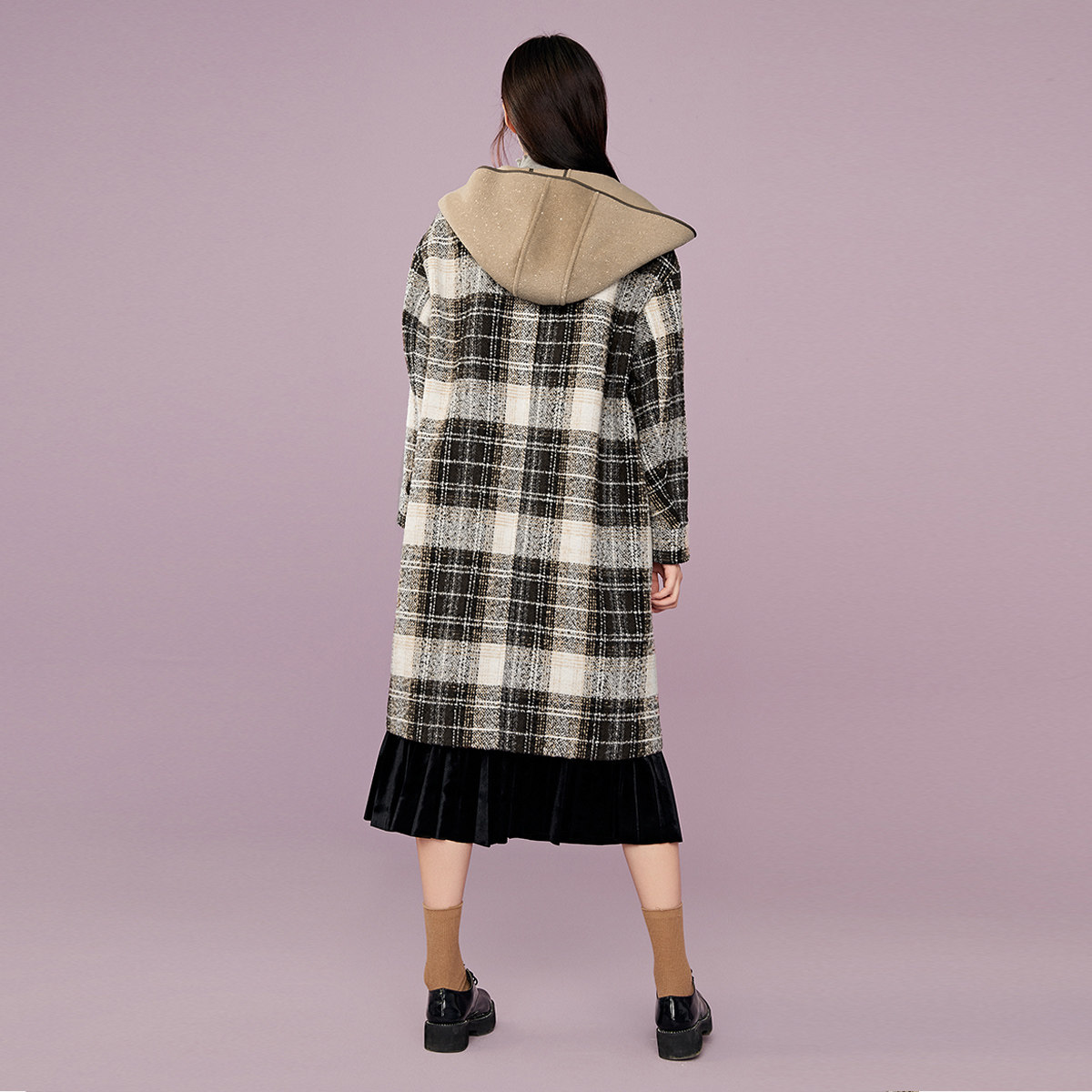 太平鸟中长款假两件格纹拼接大衣 太平鸟广仁毛呢外套