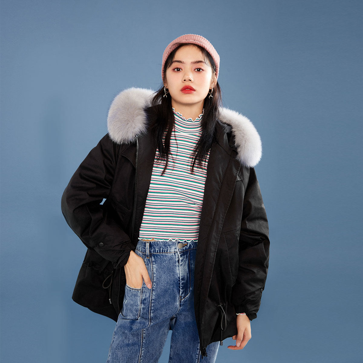 【反季特卖】太平鸟黑色工装派克女 太平鸟广仁羽绒服