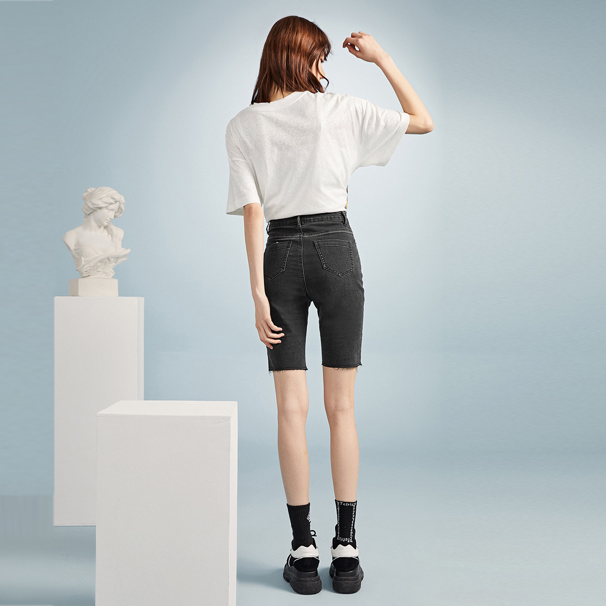 太平鸟高腰牛仔五分裤夏季骑行裤 太平鸟普埃拉牛仔裤