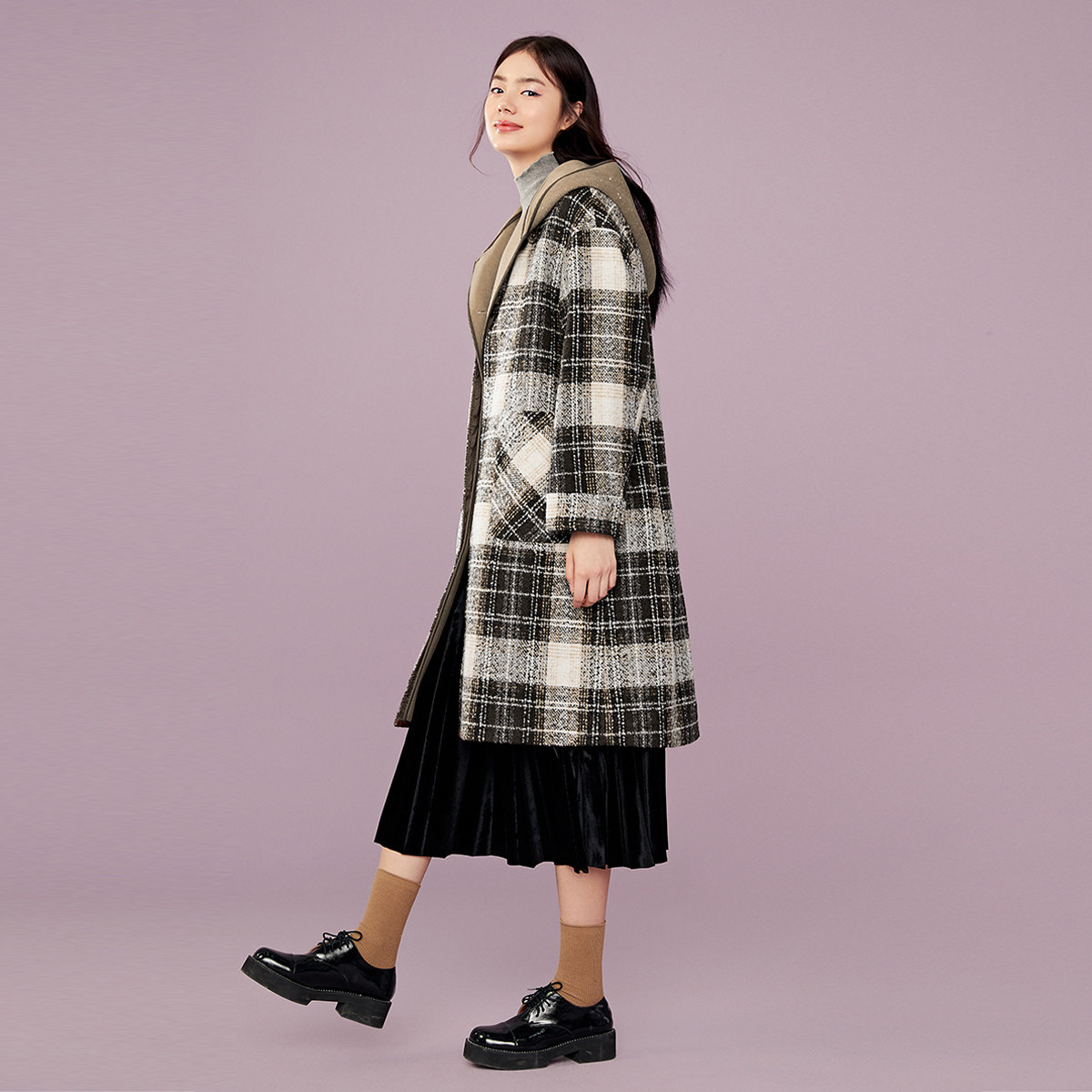太平鸟中长款假两件格纹拼接大衣 太平鸟广仁毛呢外套