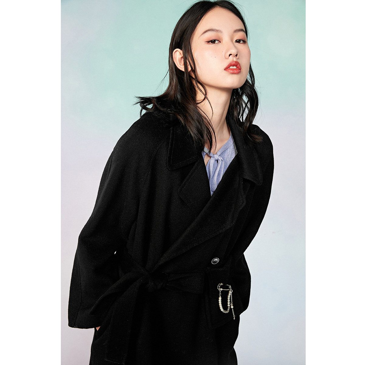 太平鸟雾霾蓝中长款双面2020呢大衣 太平鸟喜之乐毛呢外套