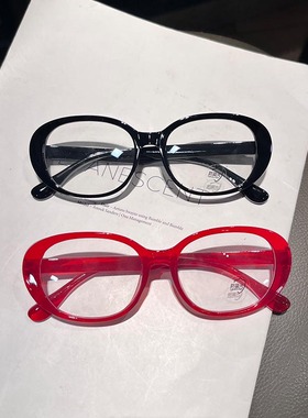 复古椭圆红色眼镜素颜神器女潮眼镜框大框遮脸防蓝光眼镜方圆脸