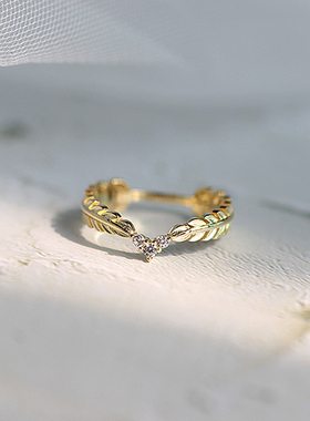 超精致羽毛v型戒指925橄榄叶子女