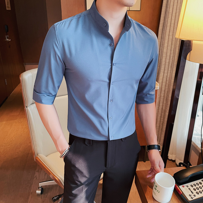 立领七分袖衬衫男士中袖夏季修身韩版休闲帅气高级感五分短袖衬衣