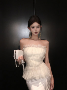 JAYKY YANG lace pleated tube ຊັ້ນເທິງຫລູຫລາສູງ niche ສາຍແອວສັ້ນ