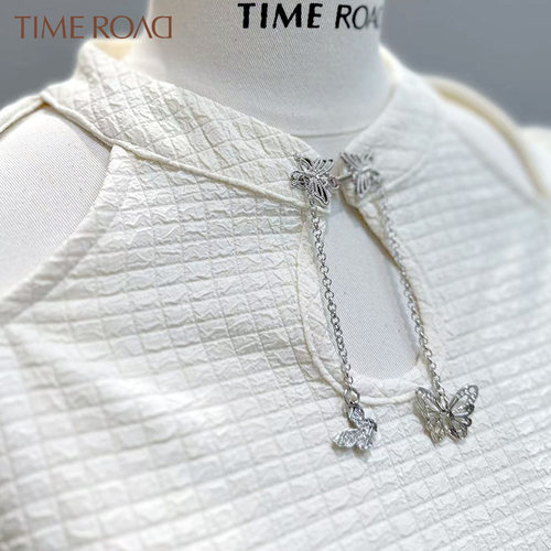 Time RoaD汤米诺蝴蝶扣子甜辣泡泡袖镂空短袖上衣女T26231051373 - 图1