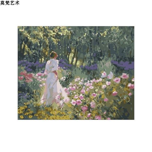 数字油画diy手工填充世界名画莫奈花园和女人手绘涂色丙烯油彩画_虎窝淘