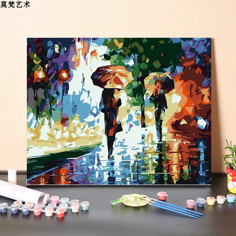 数字油画diy手工填充抽象雨天灯火通明街景风景画手绘涂色油彩画 - 图0