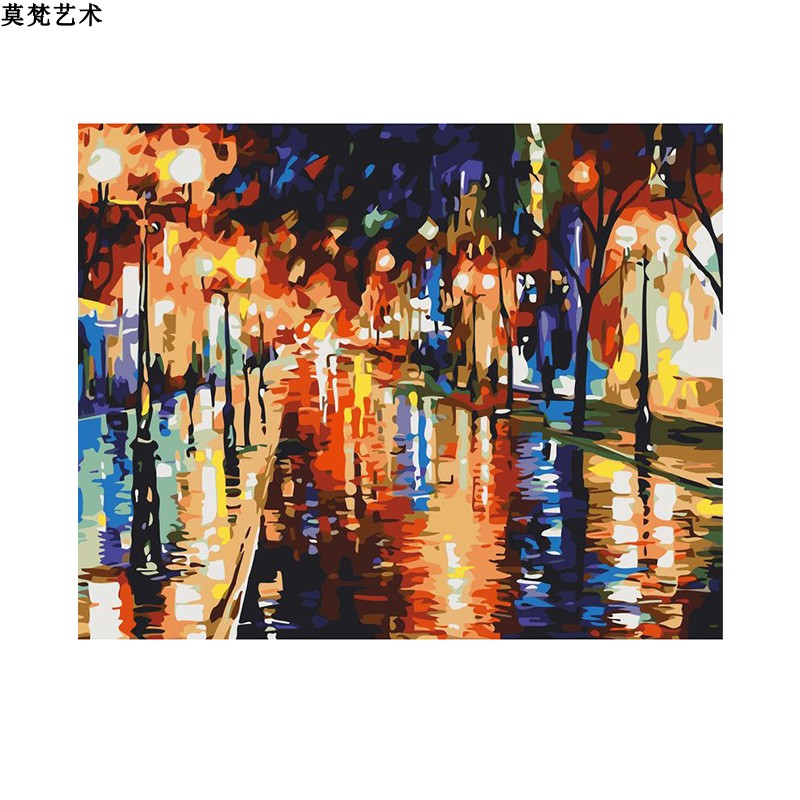 数字油画diy手工填充抽象雨天灯火通明街景风景画手绘涂色油彩画 - 图3