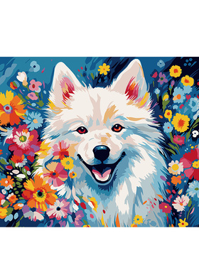小花卉白色狗狗萨摩耶狐狸犬