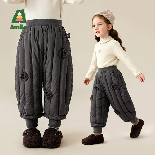 Amila女童户外宽松羽绒裤冬款儿童宝宝加厚保暖束脚长裤子白鸭绒 - 图1