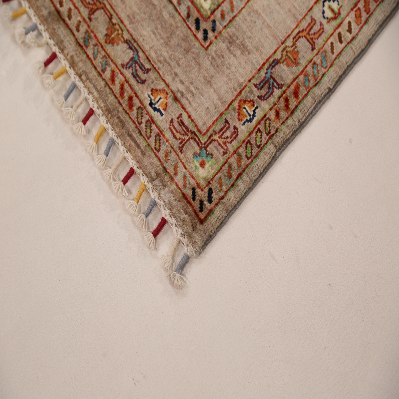 Afghan handmade wool light beige fringed bedside blanket