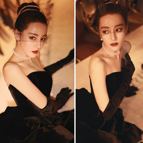 迪丽热巴同款黑色丝绒手套女长婚纱礼服拍照手臂套长复古优雅气质 - 图2