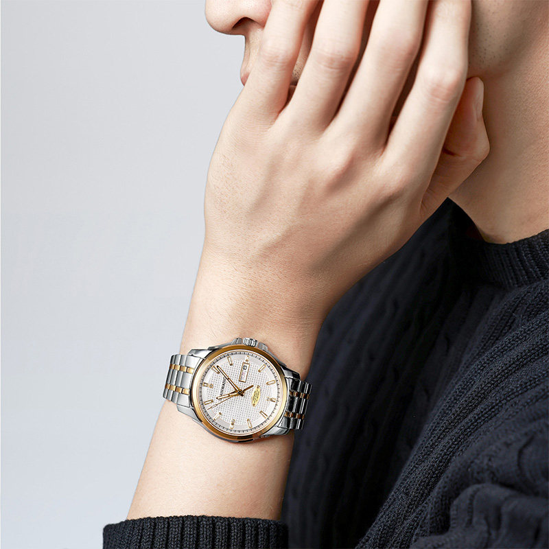 天王秋冬新品大表盘双日历男士自动机械表防水商务金色手表51507