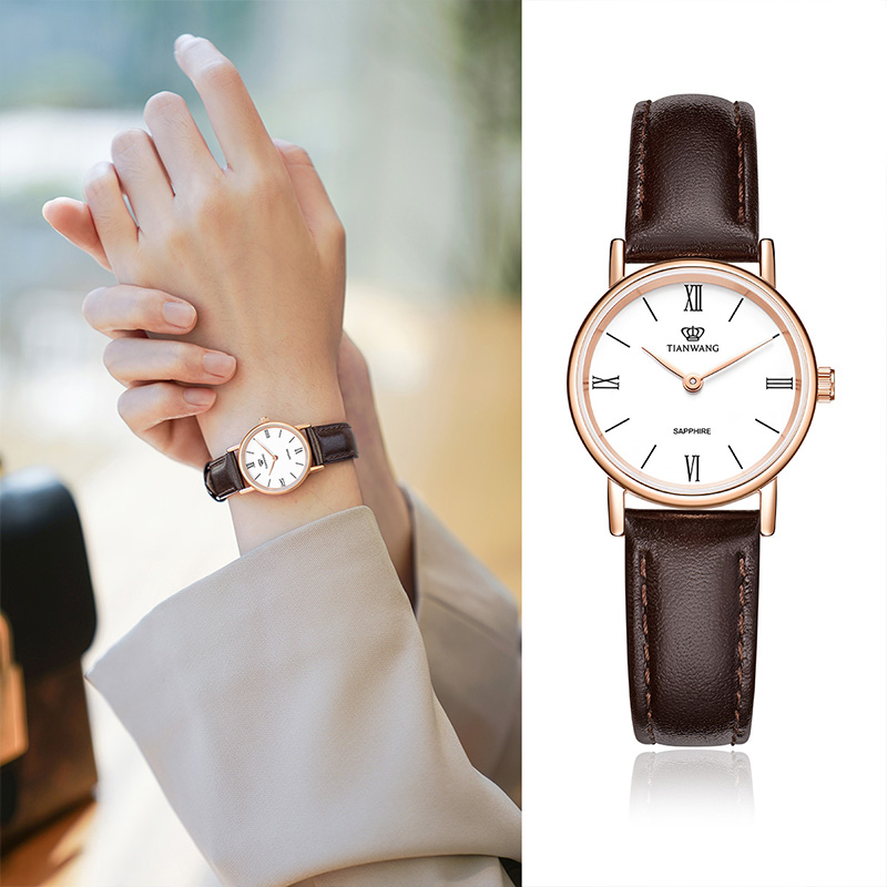 天王表复古轻奢真皮石英小巧学生考试手表女3612生日毕业成人礼物