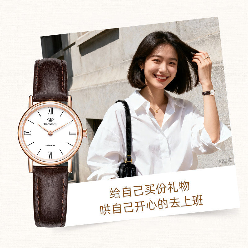 天王表复古轻奢真皮石英小巧学生考试手表女3612生日毕业成人礼物
