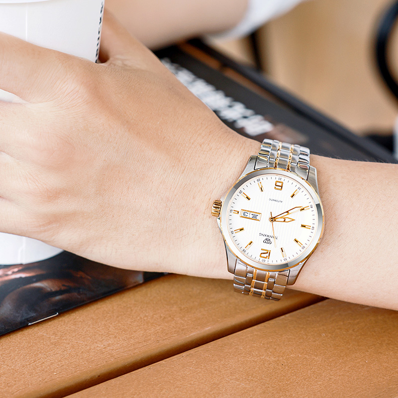 天王表商务机械表双历金色中年男士手表5732送爸爸实用生日礼物