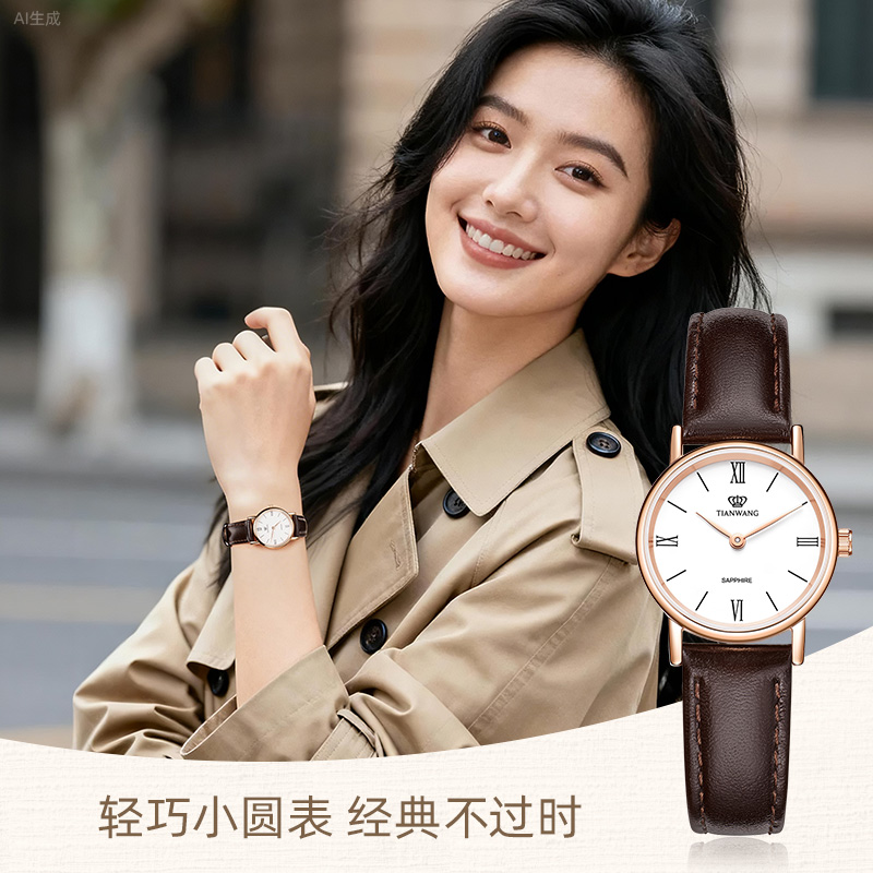 天王表复古轻奢真皮石英小巧学生考试手表女3612生日毕业成人礼物